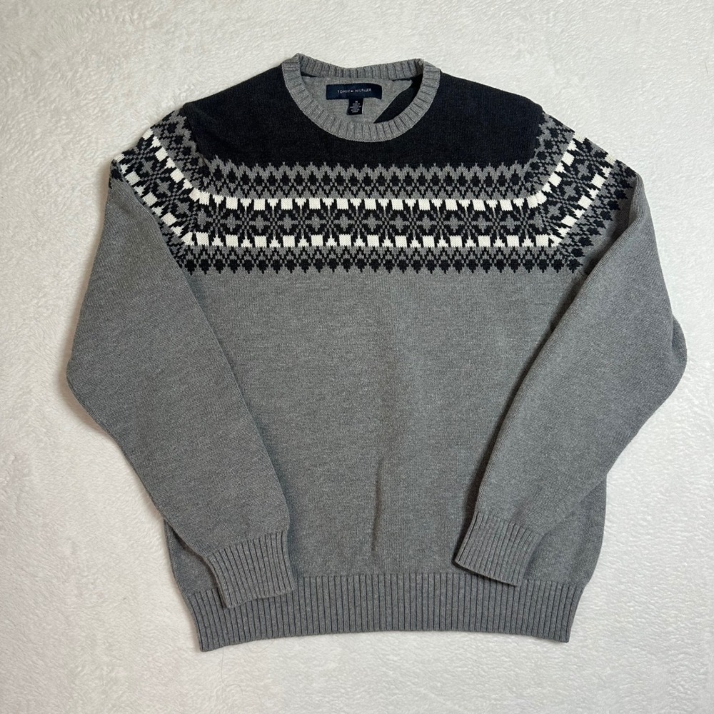 Tommy Hilfiger Mens M Gray Fair Isle Crewneck Sweater Knitwear Pullover Preppy